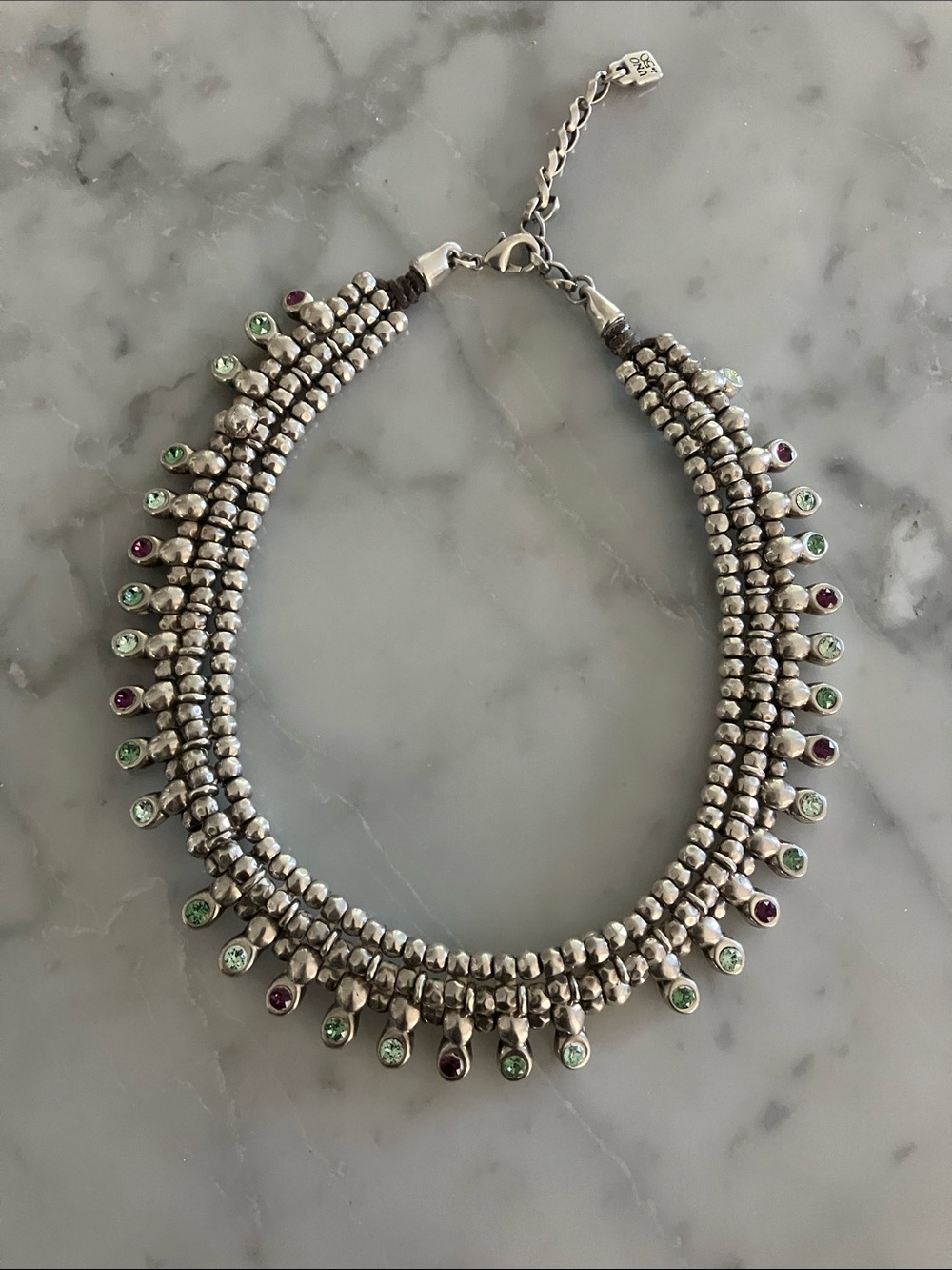 Sterling-Inspired Silver Beaded Choker with Green and Purple Accents
